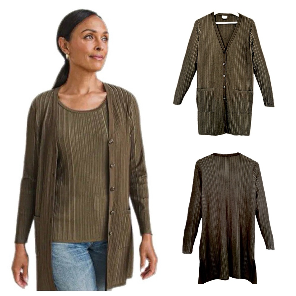 Chicos | V-Neck Button Down Ribbed Front Pocket Cardigan (M) Olive - Picture 2 of 11